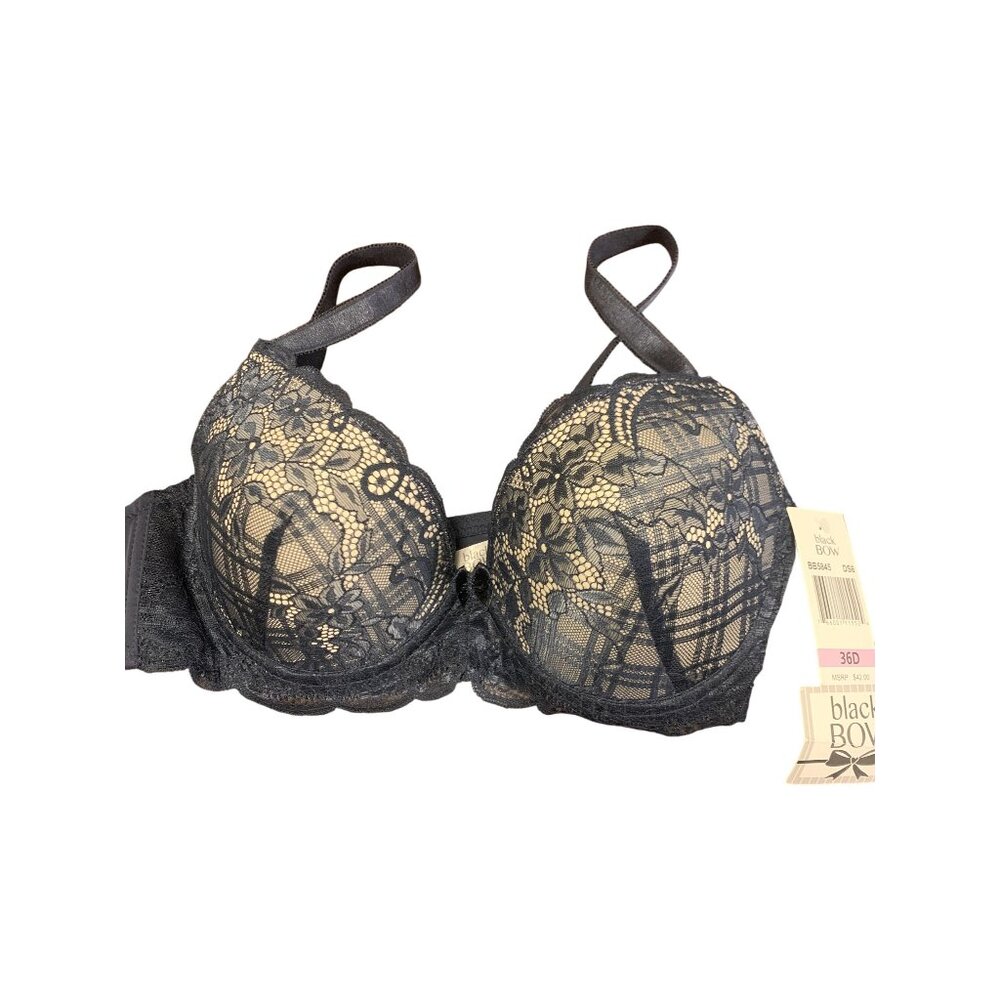 NWT Black Bow Lace Padded Full Coverage‎ Bra Size 36 D Blue